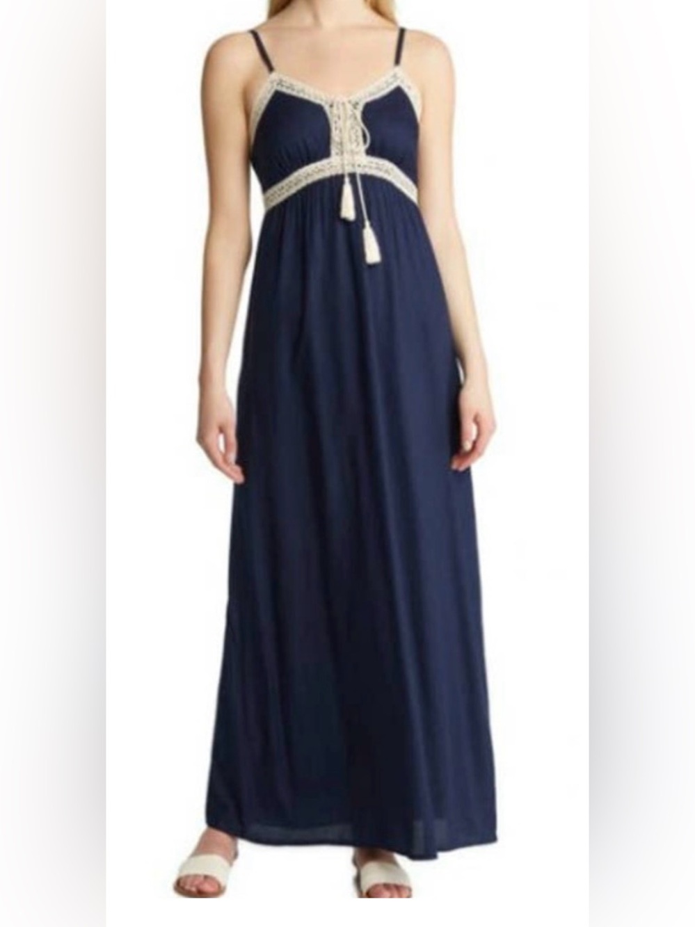 Slate Navy Lace-Trim Maxi Dress with Tassel Tie